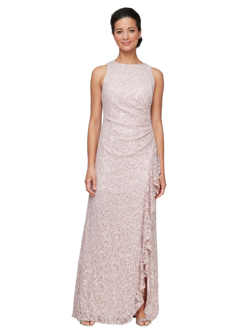 NWT Alex Evenings Women's Sequin Lace Gown Shell Pink 6 Side Ruffle Front Slit